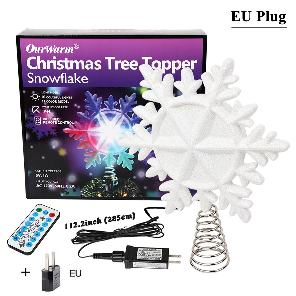 OurWarm Christmas Tree Topper Lighted with White Snowflake Projector Rotating 3D Glitter Lighted Christmas Decorations for Tree: EU Plug