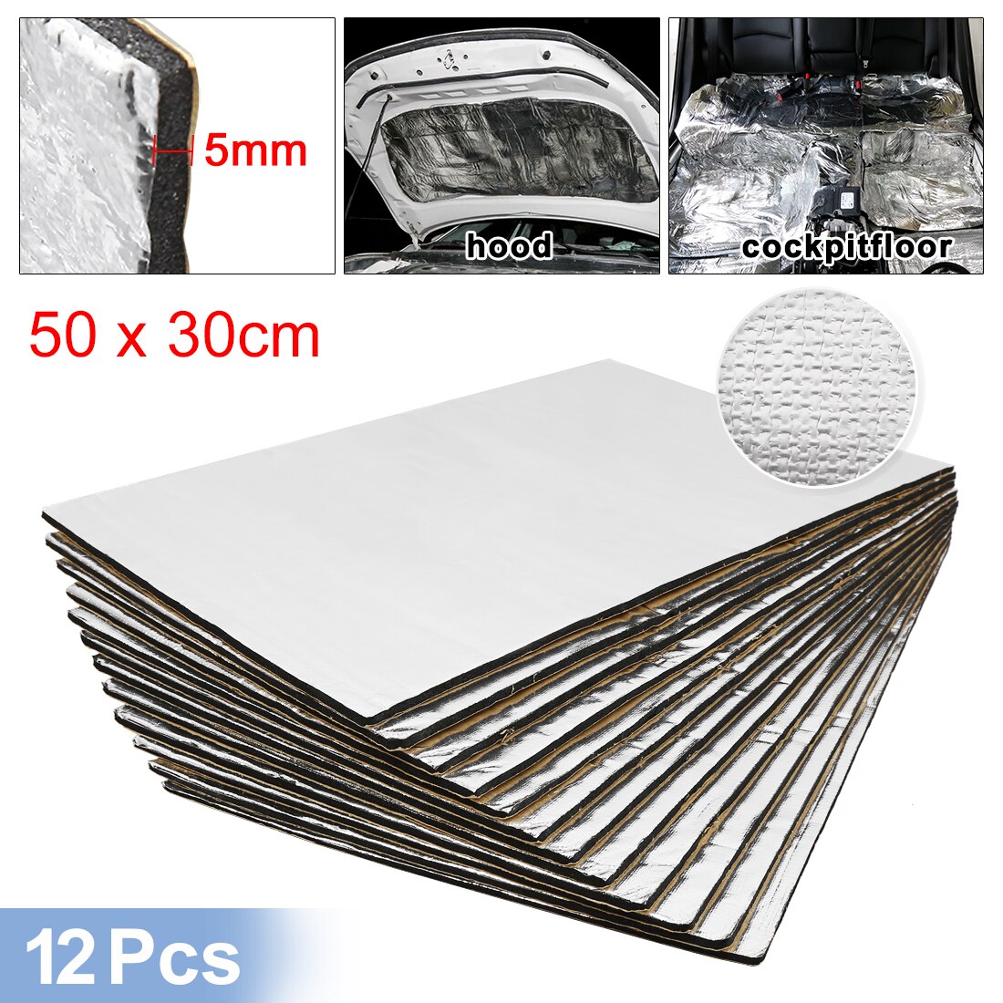 Uxcell-manta isolante de calor e som automotivo, 12 ou 50cm x 30cm, isolamento da temperatura, impermeabilização: 5mm12pcs Alumina