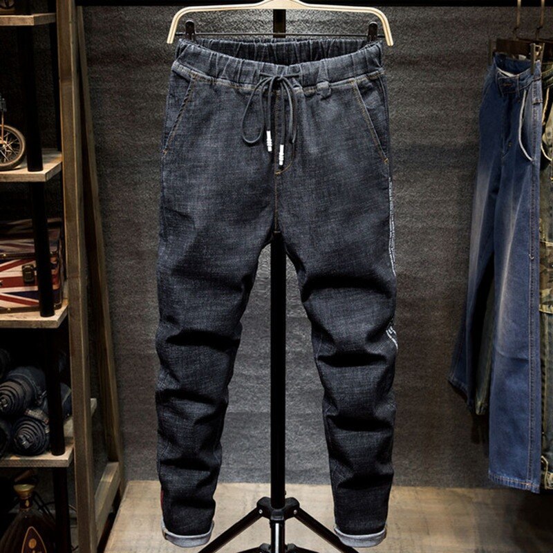 Salopette en jean homme personnalité masculine noir denim étudiant sarouel élastique stretch pieds minces pantalon Super grande taille 7XL 6XL: Black / XXXL