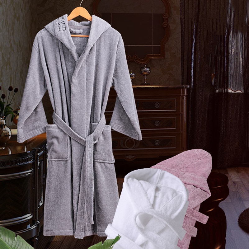 Invierno Albornoz de algodón de los hombres con capucha hombre ropa de dormir traje de franela amantes túnica gruesa de manga larga suave cálido Albornoz de hombre blanco