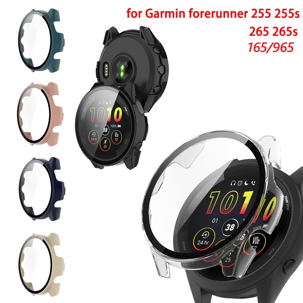 För garmin forerunner 255 255s 265 265s 165 music 965 , hårt pc-stötfångarfodral med ram + hd slim, härdat glas, repfritt