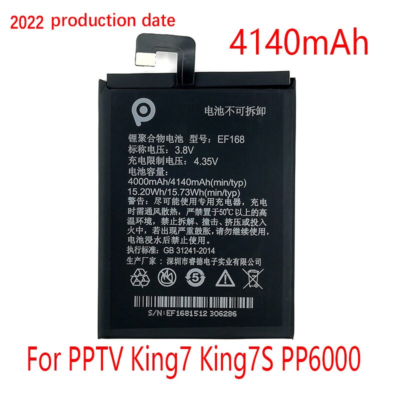 Batería EF168 de 4140mAh para teléfono, 100% Original, para PPTV King7 King7S PP6000, batería de + número de seguimiento