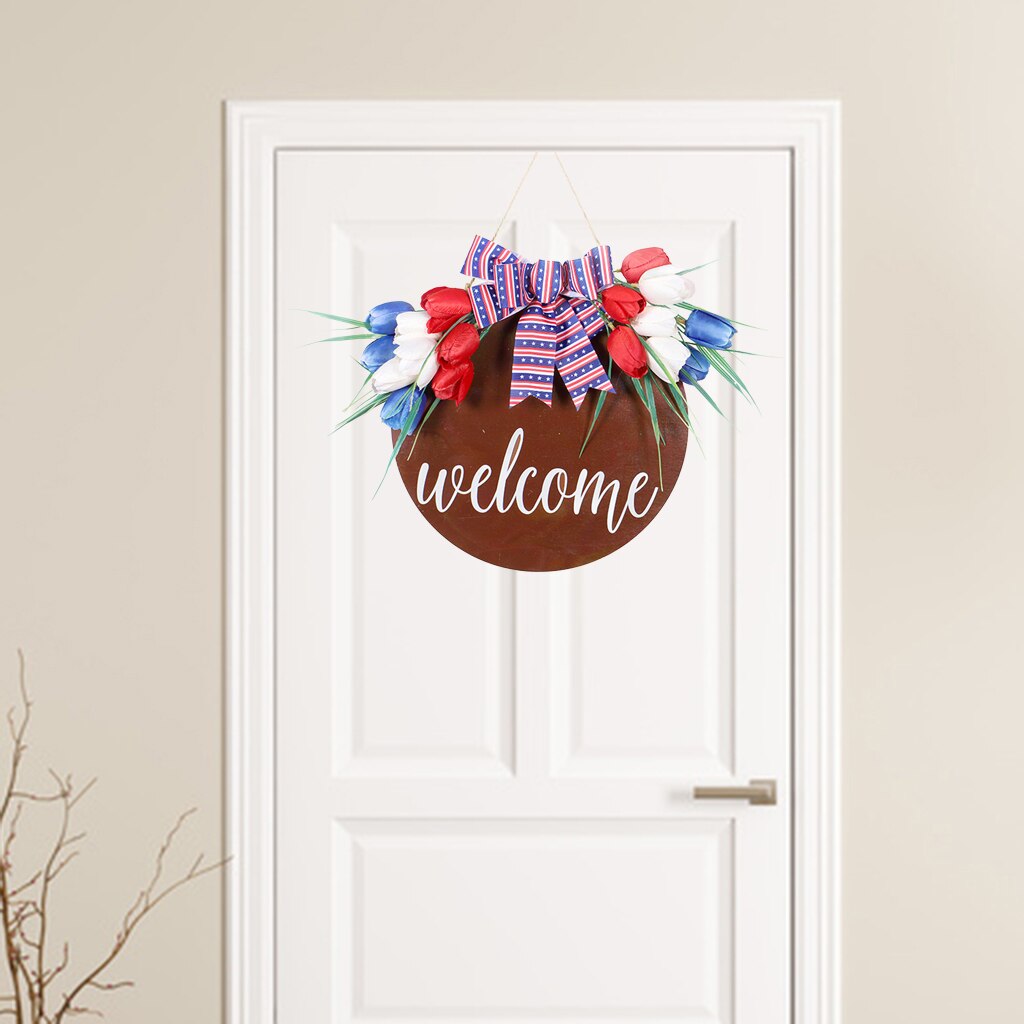 Rustic Welcome Round Wood Sign and Bow Farmhouse Wall Front Door Decoration