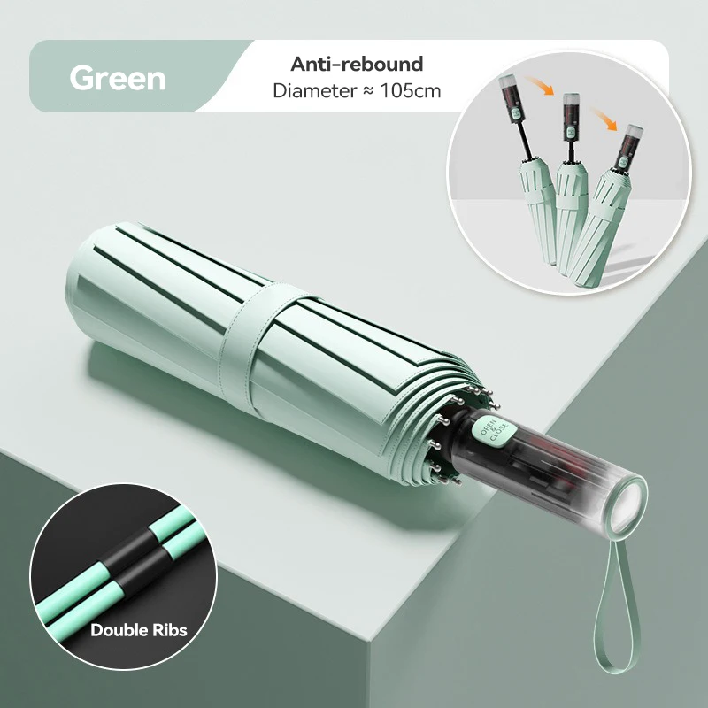 parapluie pliant automatique 2025, cadre coupe-vent 24 renforcés, mécanisme automatique Double couche, Protection UV améliorée: green