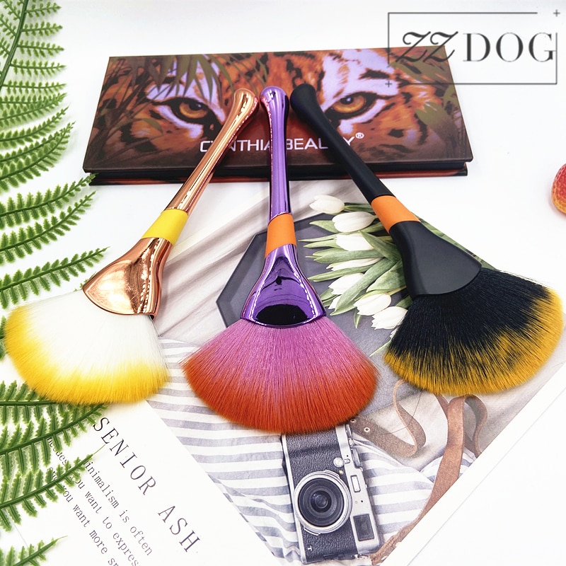 Zzdog 1 stk store makeup børster fluffy vifteformet ansigt kosmetisk skønhedsværktøj metal håndtag pudder fjern børste