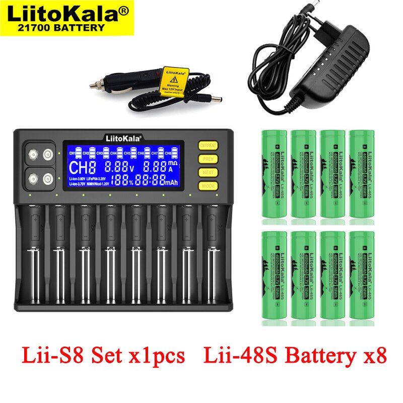 Liitokala lii -s8 akkulaturi 3.7v 18650 li- ioni 1.2v aa nimh 3.2v li-fepo 4 +  lii -48s 21700 4800 mah akut