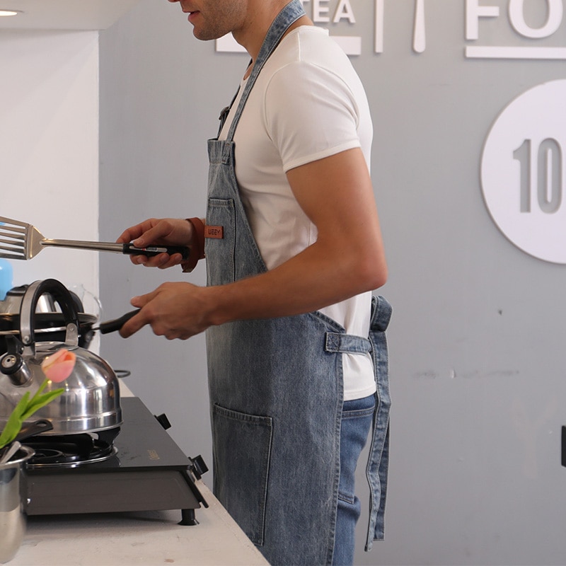 Weeyi vintage blå køkken denim forklæder til mænd kvinder unisex hjemmetøj arbejdstøj forklæde til madlavning kok barista bartender delantal