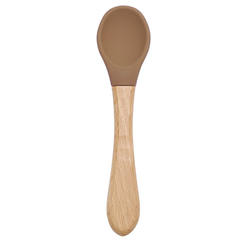 Cuchara de manija de madera silicona para alimentación de niños, utensilios para comer comida sólida, entrenamiento, capacidad de manipulación, vajilla: 002- caly