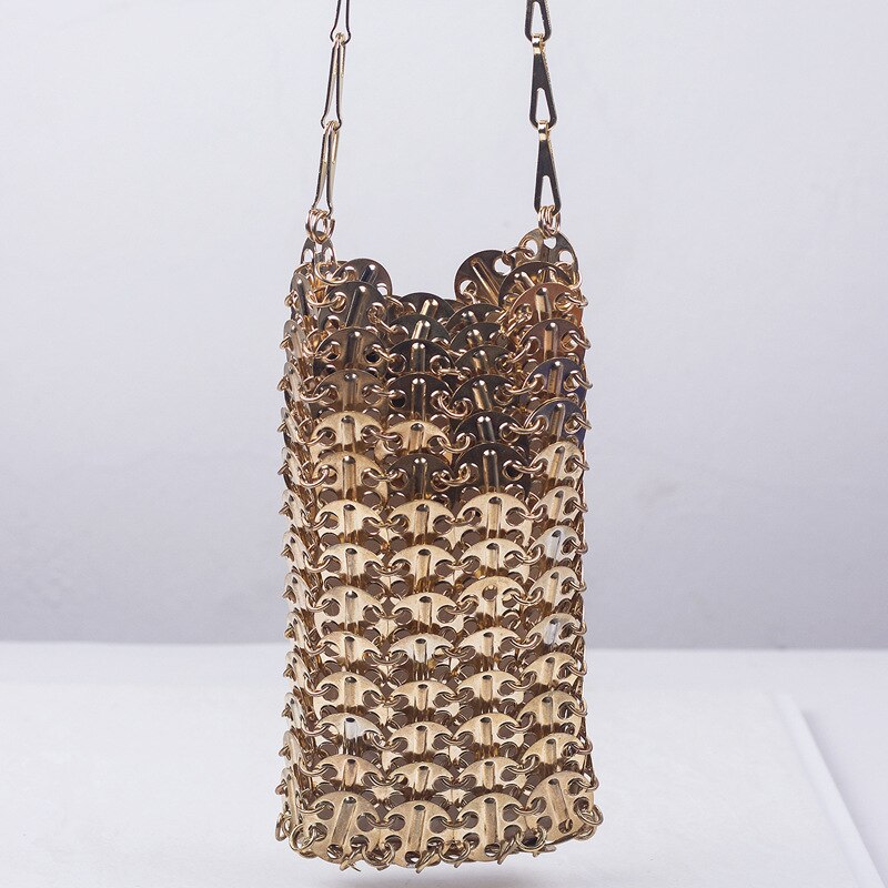 luxury Women Bags Metal Sequins Chain Woven Bag Hollow Evening Bags Clutch Female Travel Shoulder Bag Handbag: Small  golden