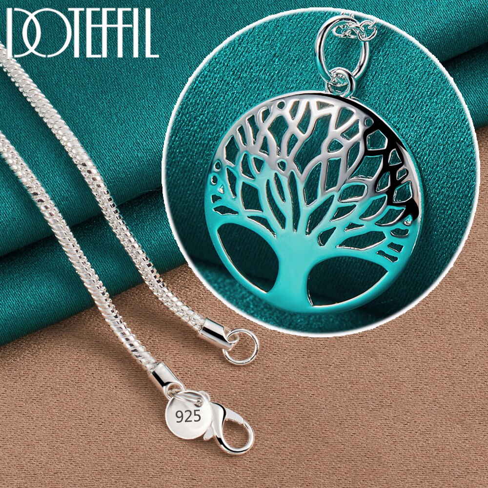 DOTEFFIL-collar con colgante redondo de árbol para mujer, de Plata de Ley 925, cadena de 16-30 pulgadas, joyería de compromiso de boda a la: Negro / 55 cm