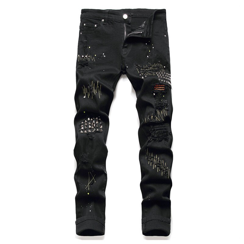 KIOVNO – jean déchiré à rivets pour homme, pantalon en Denim extensible, coupe ajustée, style Hip Hop, noir, Streetwear