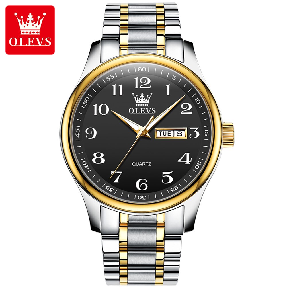 OLEVS-reloj de cuarzo clásico para hombre, cronógrafo de pulsera, esfera Digital, indicador de fecha y semana, luminoso, resistente al agua, dorado: Negro