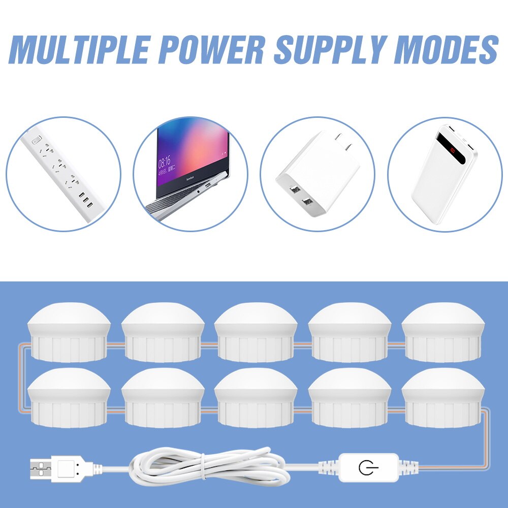 3 Colors LED Dressing Table Wall Lamp USB Hollywood Makeup Mirror Light 12V Bathroom Vanity Toiletries Lighting Bulb Kit 6 10 14