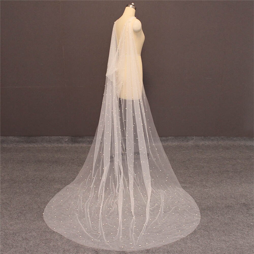 Lady Pearl Beaded Long Shawl Wedding Bridal Shoulder Tulle Women Romantic Illusion Cape: length 1.5m