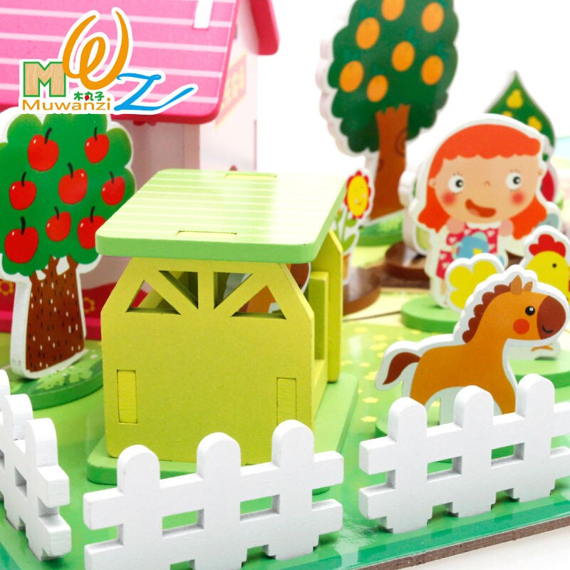 Poppenhuis Miniatuur Pretend Play Speelgoed Monteren Scenario Bouwsteen 3D Happy Farm Blokken Kinderen Houten Speelgoed Model Building