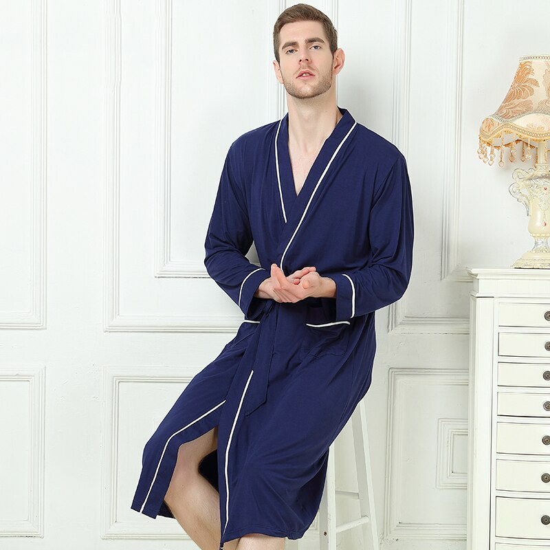 Bamboo Fiber Men Bathrobe Stain Robe Man's Sleepwear Soft Nightgown for Male Pajamas Gown Lounge Wear Nature Bamboo Summer