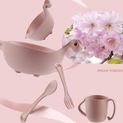 Ideacherry 5 stks/set Kinderen Baby Bamboe Servies Voeden Dinosaurus Gerechten Zuigeling Kom Plaat Kop Lepel Vork Servies voor: Pink