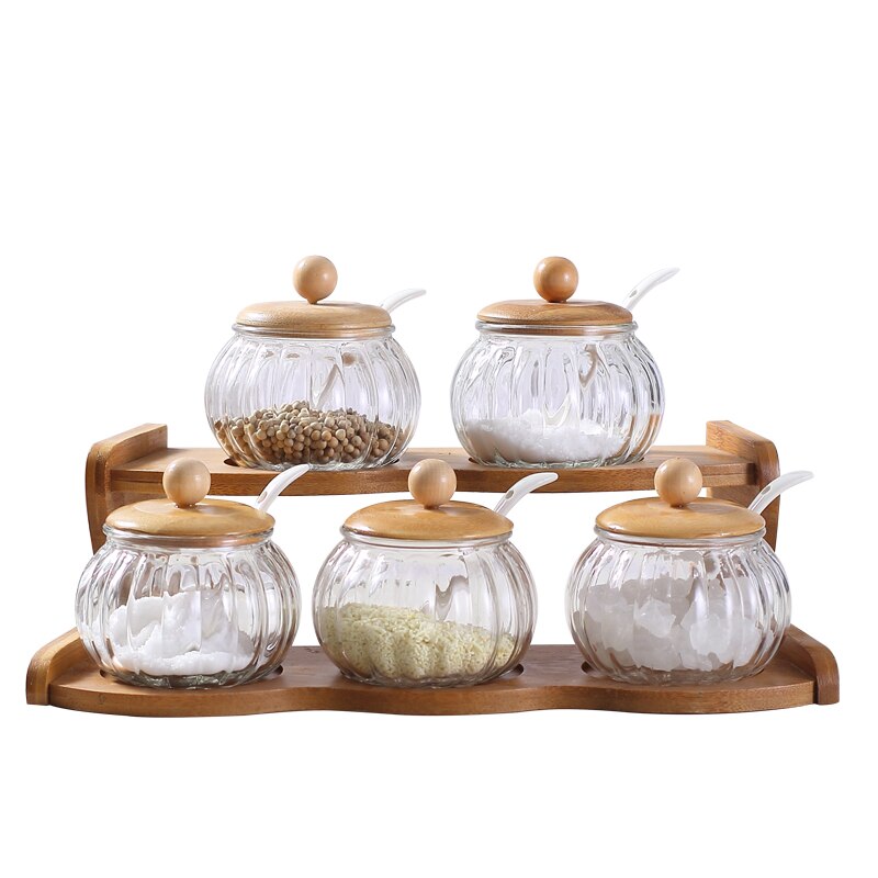 Garden bamboo stand upper layer ceramic glass seasoning can kitchen supplies box salt jars and lids