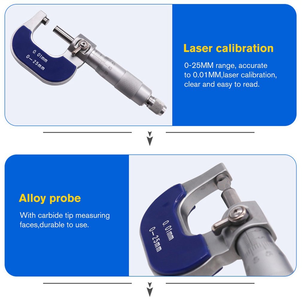 Handheld Precision Outside Micrometer 0-25mm/0.01mm Gauge Vernier Caliper Meter Carbide Tip Measuring Tools