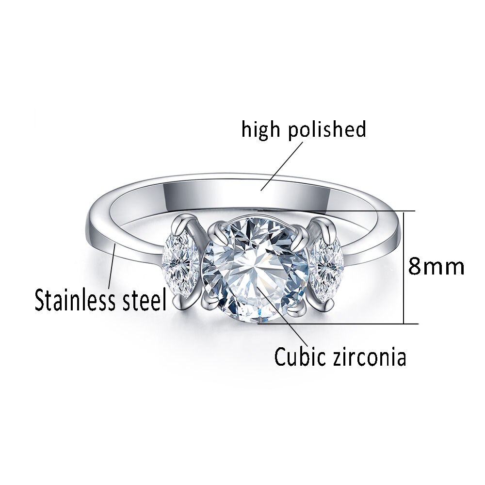 WAWFROK Silver Color Cubic Zirconia Wedding & Engagement Ring Jewelry For Women Stainless steel Rings