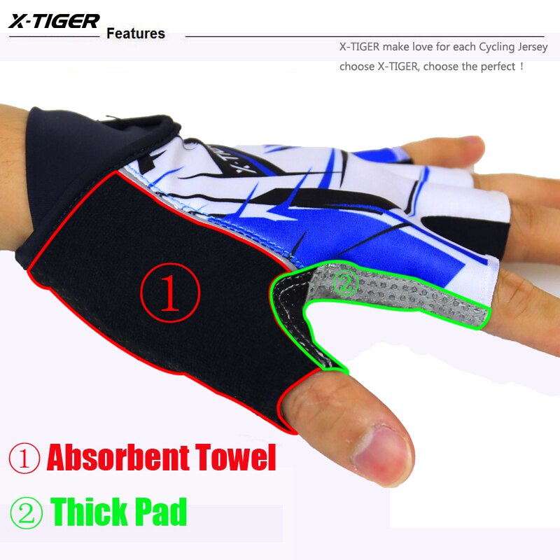 X-tiger fiets handschoenen, halve vinger fiets handschoenen, schokbestendig en ademend, mtb mountainbike handschoenen, heren sport fietskleding
