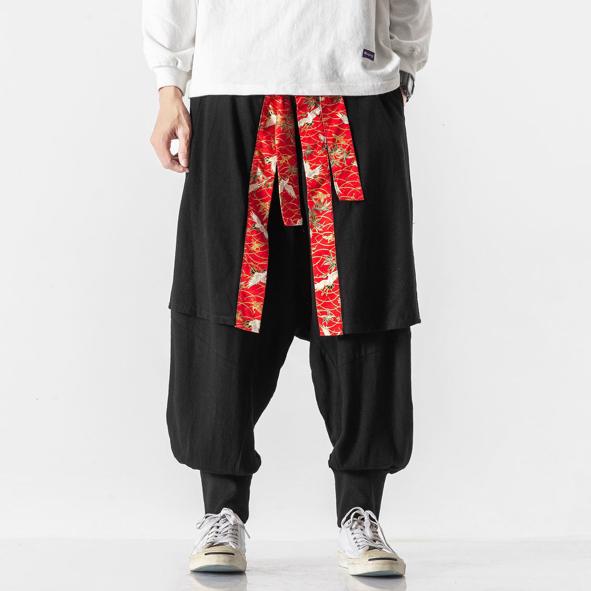 Japanese Retro Loose Harajuku Style Harem Pants Trousers Chinese Style Streetwear Hip Hop Bloomers Oriental Clothing Casual Men: Blakc / Asia M 47 to 53kg