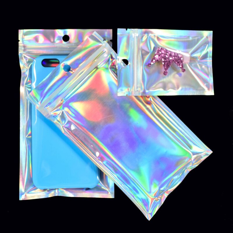 100 stücke Flache Zip-Lock Beutel Paket Tasche Holographische Ziplock Taschen Bad Salz Kosmetik Tasche Mini Aluminium Folie Taschen Make-Up zipper Tasche