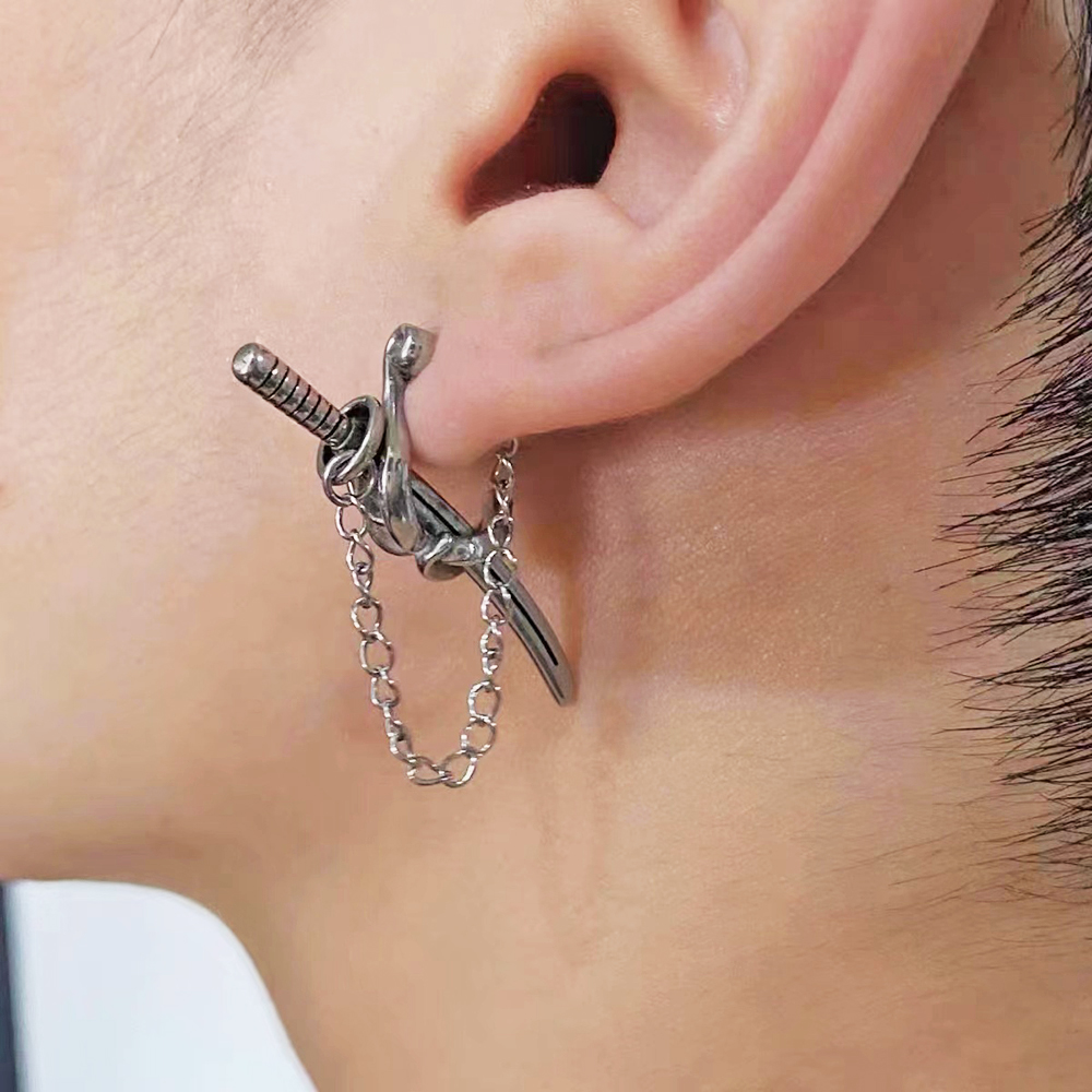 1Pc 361L Chirurgisch Staal Zwaard Hoop Punk Oorbellen Dangle Samurai Zwaard Oorbellen Lange Ketting Oorbellen Voor Vrouwen Mannen Oor sieraden