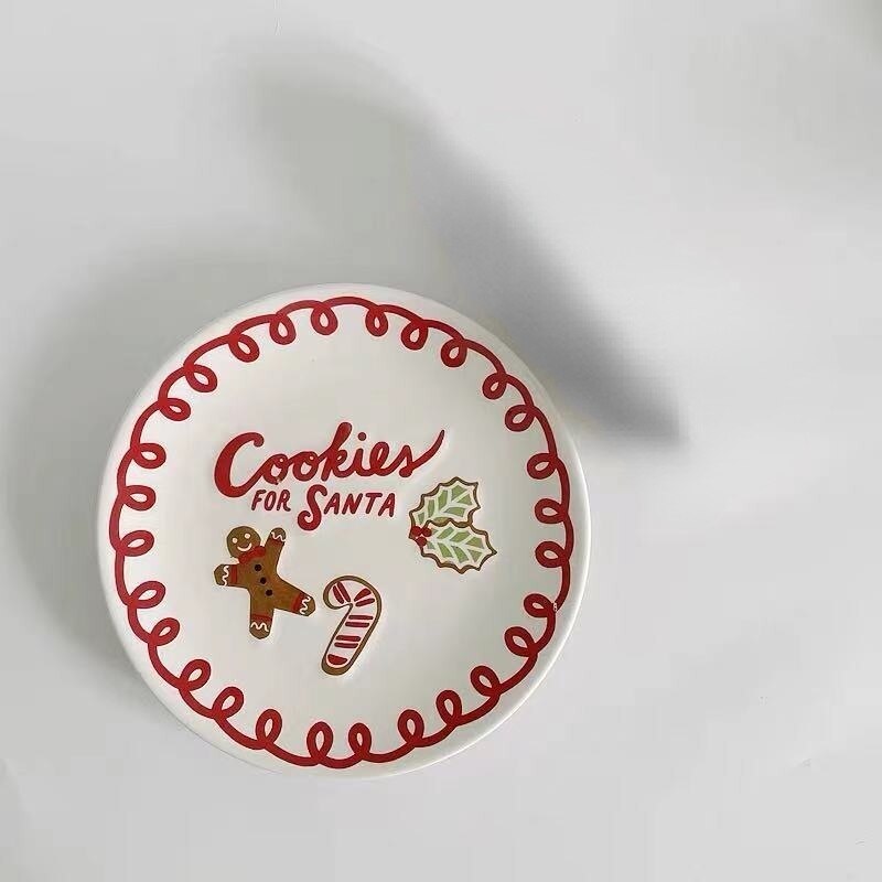 Korean Style Christmas Cartoon Gingerbread Man Ceramic Plate Candy Red Lace Cake Dessert Plate Charger Plates: Brown