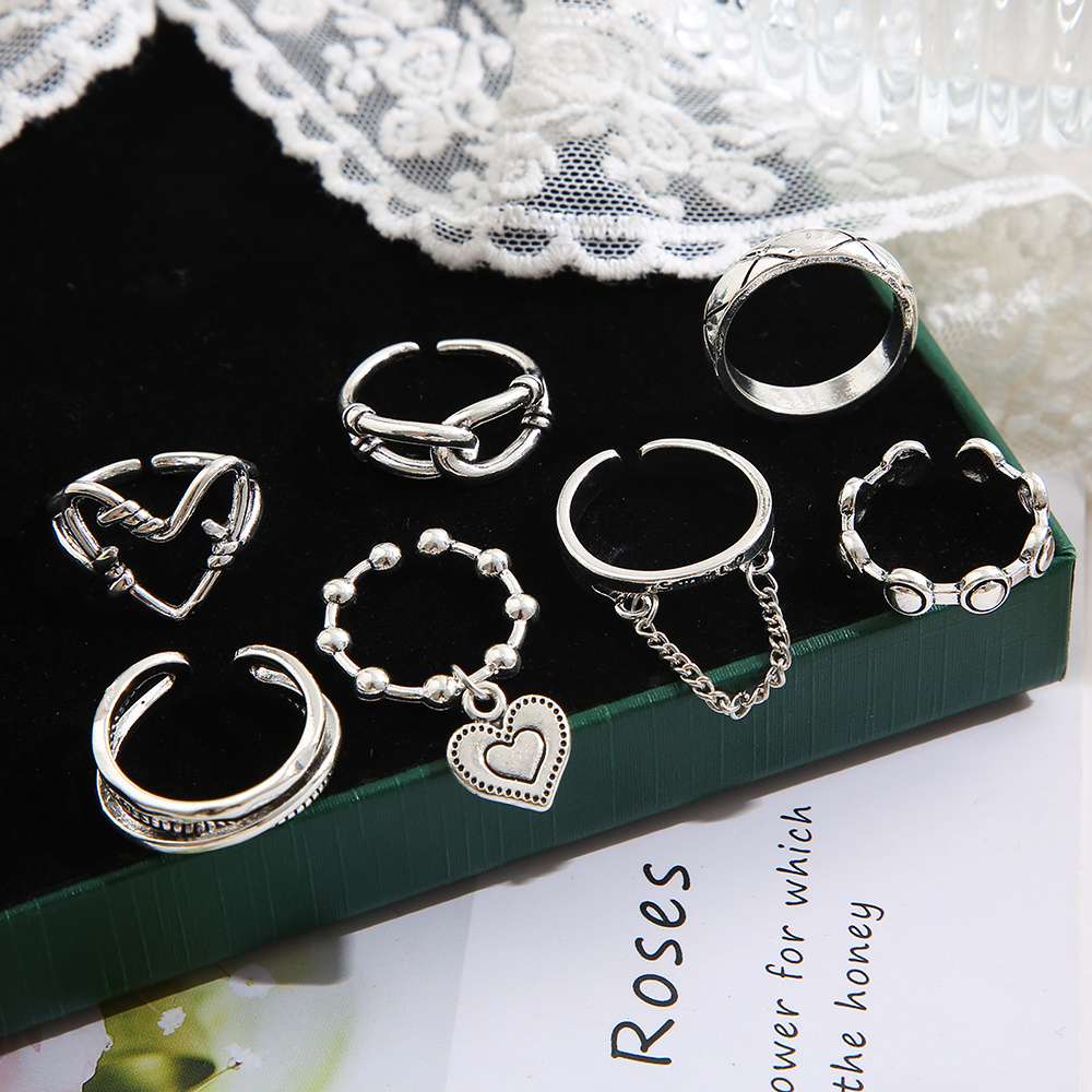 7 stks/set Mode Hart Ketting Ring Set Voor Vrouwen Metaal Zilver Kleur Geometrische Holle Vinger Ring Trendy Sieraden 2023
