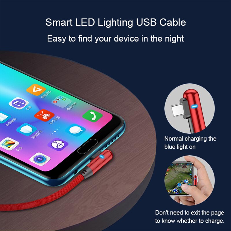 Led 90 asteen usb type c kaapeli iphone micro pikalataus usb-c kaapeli xiaomi redmi note 7 samsung  s10 a50 tipe-c johdolle
