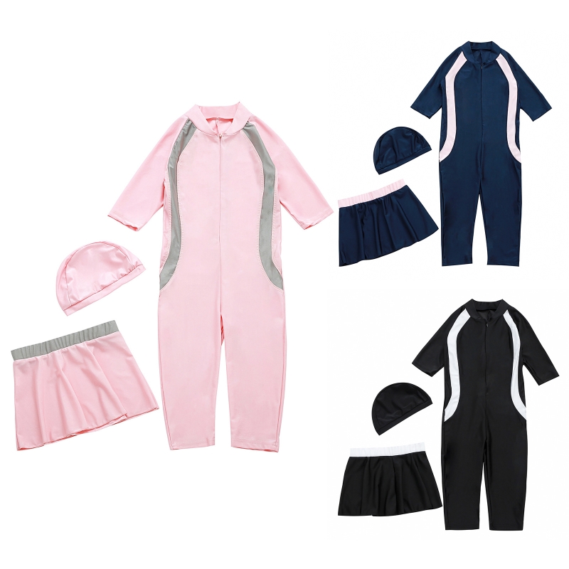 Modest Muslim Swimwear for Girls Islamic Full Cover Hijab Burkini Rash Guard Swimsuit Top Pants 3Pcs Bathing Suit