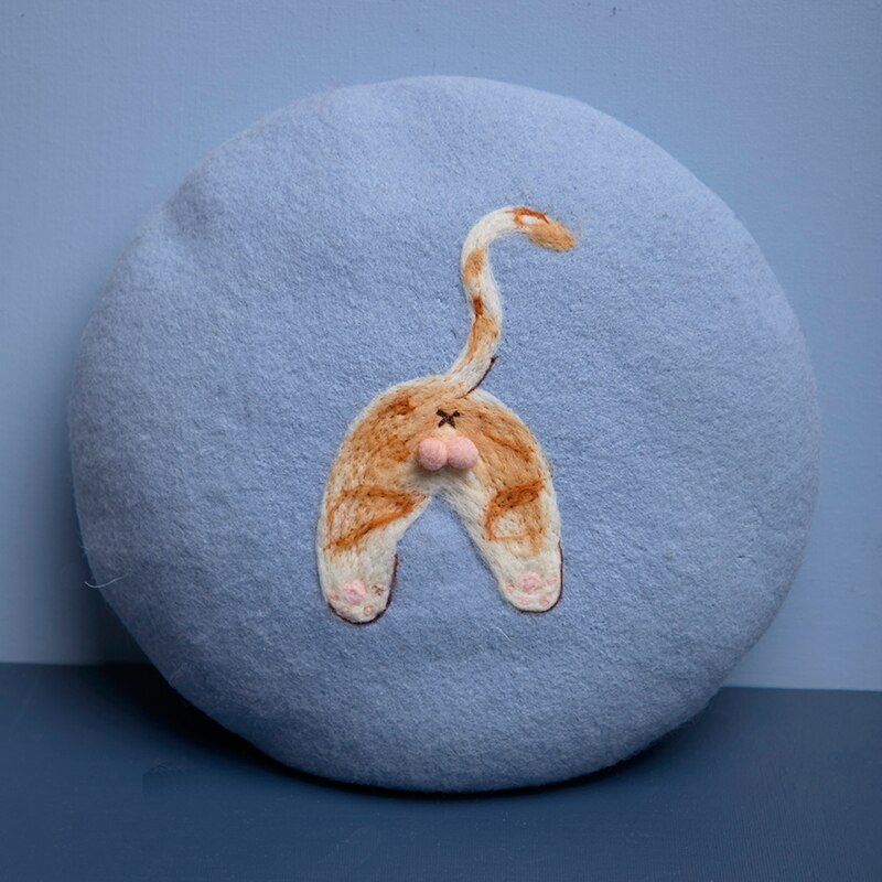 Gorro boina de pintor de fieltro de lana para otoño e invierno, gorro de gato con bolas de mano suave para niña bonita y divertida