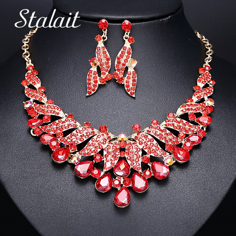 Luxury Leaf Shape Rhinestone Crystal Alloy Necklace Earrings Jewelry Set For Bride Bridal Wedding Party Statement Accessories