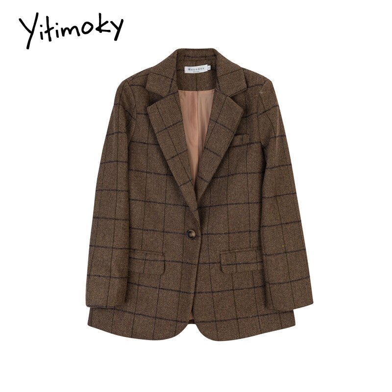 Kontor dame dame blazere og jakker rutete blazer koreansk kåpe kvinner vinterklær hakk enkantet yttertøy