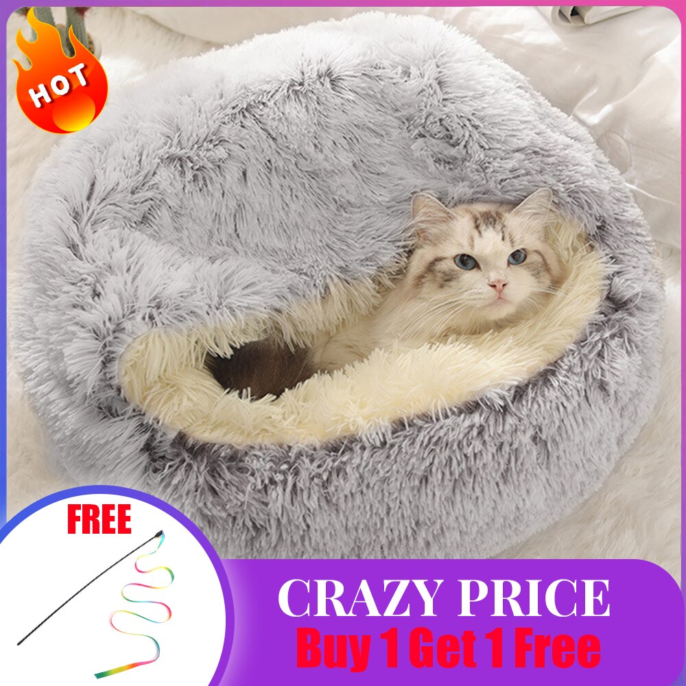 2 In 1 Round Cat Bed Cat Plush Cat Warm Bed House Soft Long Plush Bed For Small Dogs Cats Nest Cat Bed Sleeping Sofa: Gray / S 40 X 40cm