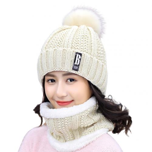 Vinter kvinder tyk strikket beanie hat plys hals gamacher tørklæde udendørs ridning sæt familie matchende kasketter hatte: Beige