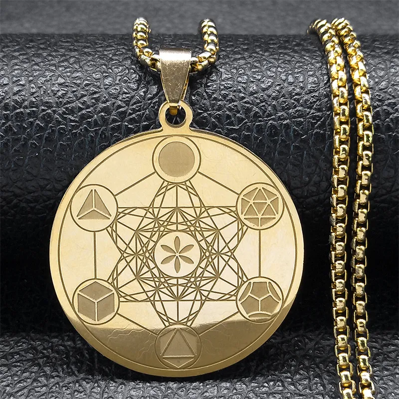 Sacred Geometry Metatron Cube Angel Seal Archangel Necklace for Women Men Stainless Steel Flower of Life Lotus Chain Jewelry: Gold-color
