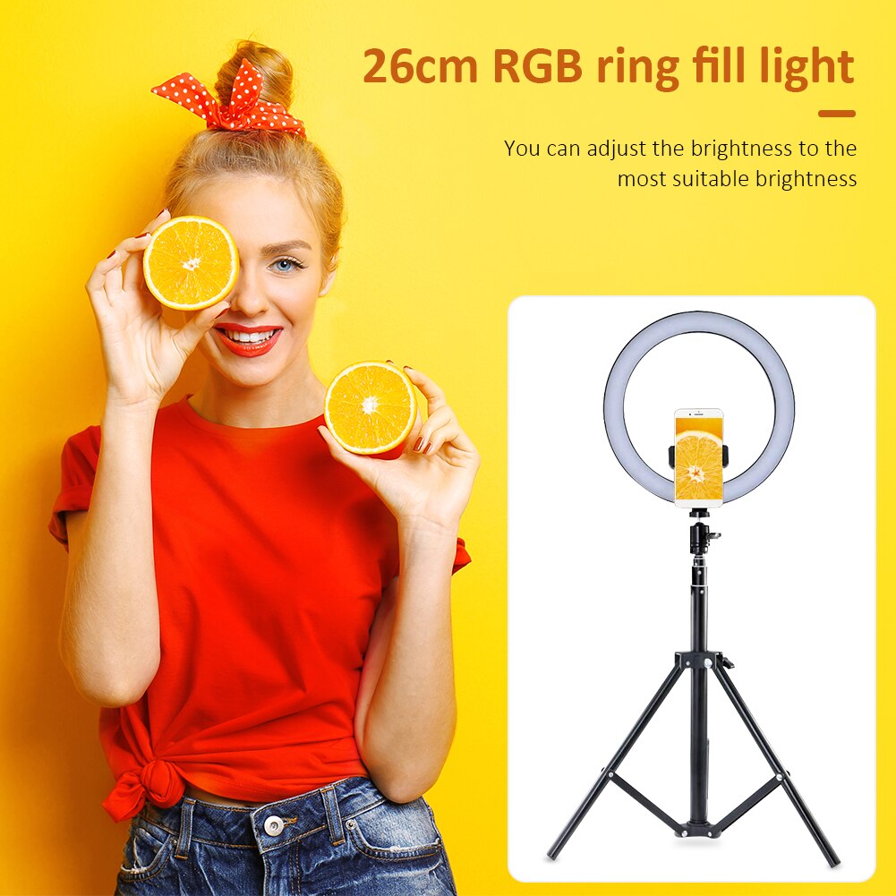 10 pouces 26cm rvb LED Selfie anneau lumière + 1.6m support de sol USB téléphone vidéo Photo lumière avec trépied en alliage d'aluminium évolutif