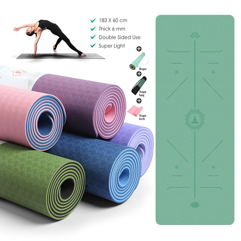 Yogamåtter skridsikker fitnessmåtte til nybegynder miljømæssige gymnastikmåtter 183 x 61cm tpe positionslinje super let gym pilates
