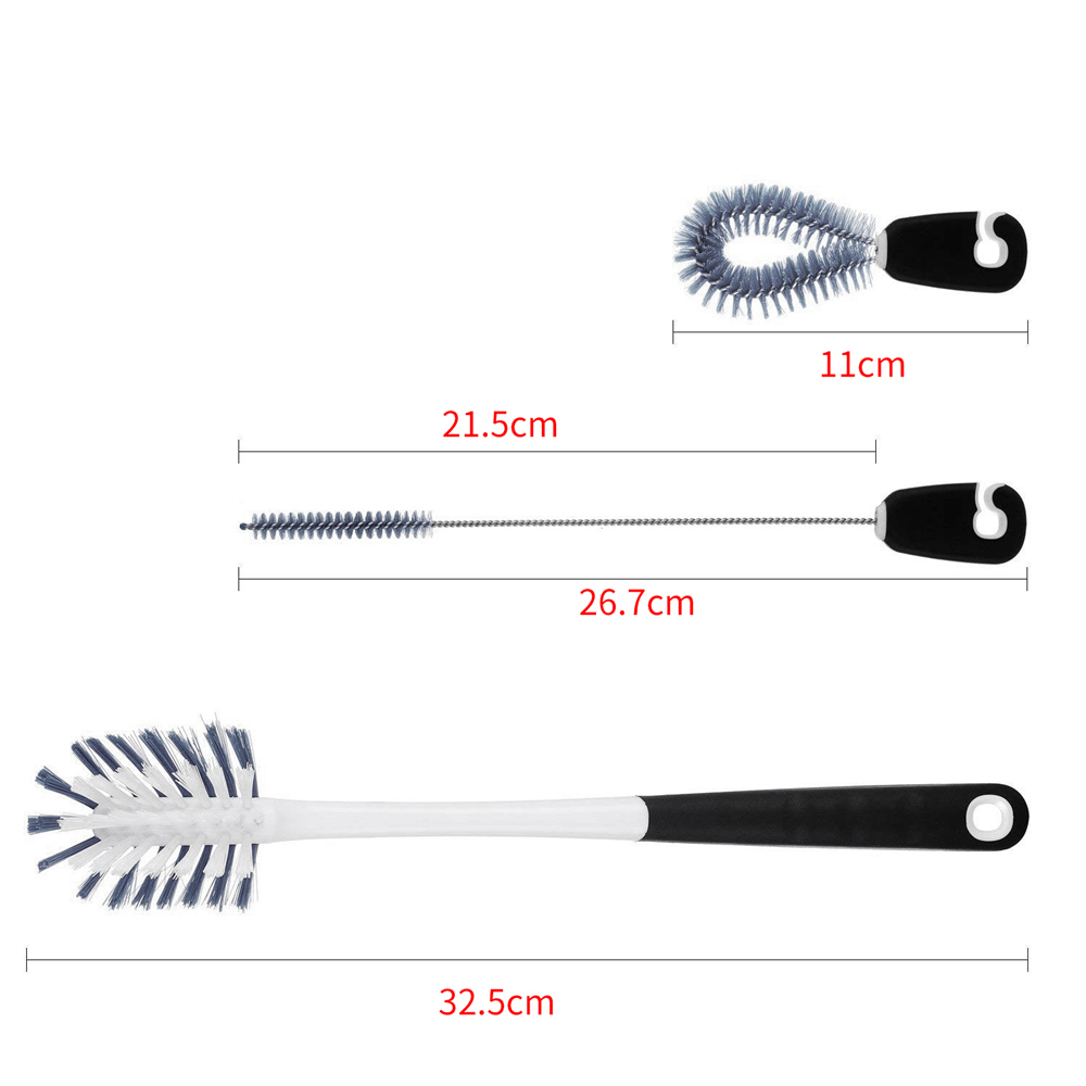 Brosse de nettoyage des biberons | Ensemble de 3 pièces/ensemble en Nylon + inox, brosse de nettoyage des biberons à Long manche noir + blanc