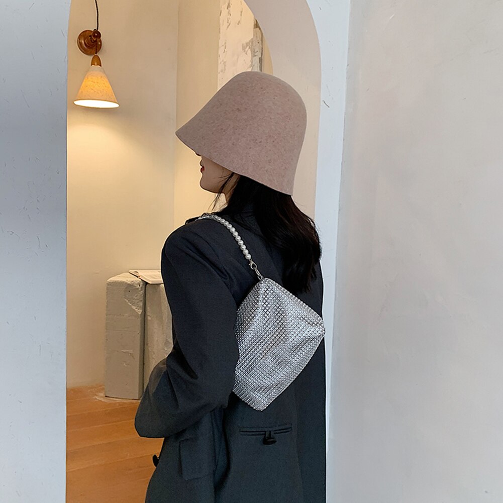 Shiny Rhinestone Crossbody Bag For Women Pearl Handle Tote Bags Female