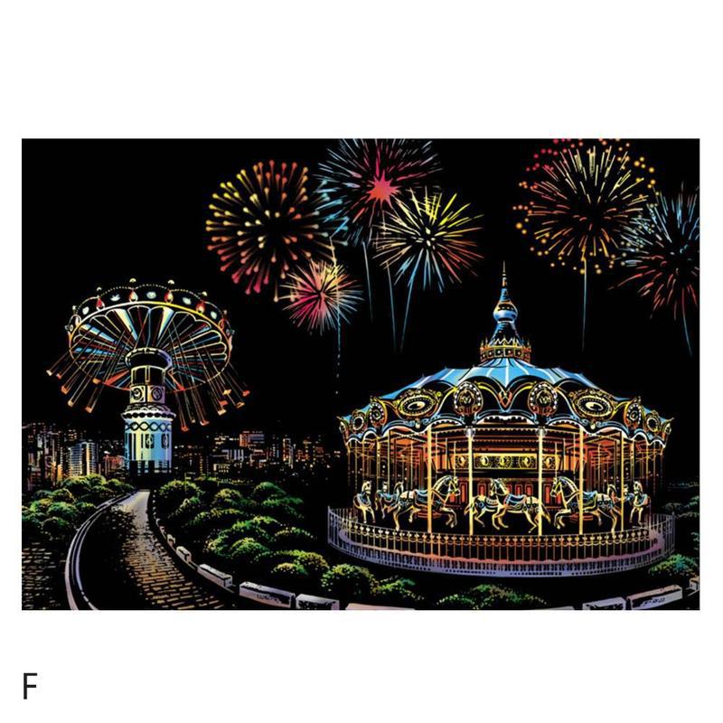 Grande ville nuit Scratch photo peinture enfants grattage mémoire voyage artisanat 2 nuit urbain stylo scène bricolage avec papier Bir E0C8: amusement park