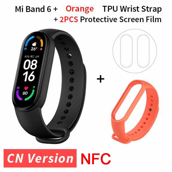 Xiaomi Mi Band 6 NFC inteligentna bransoletka 1.56 &quot;ekran AMOLED 5 kolorów tlen krwi tętno Fitness Tracker wodoodporny Miband6: orange strap film