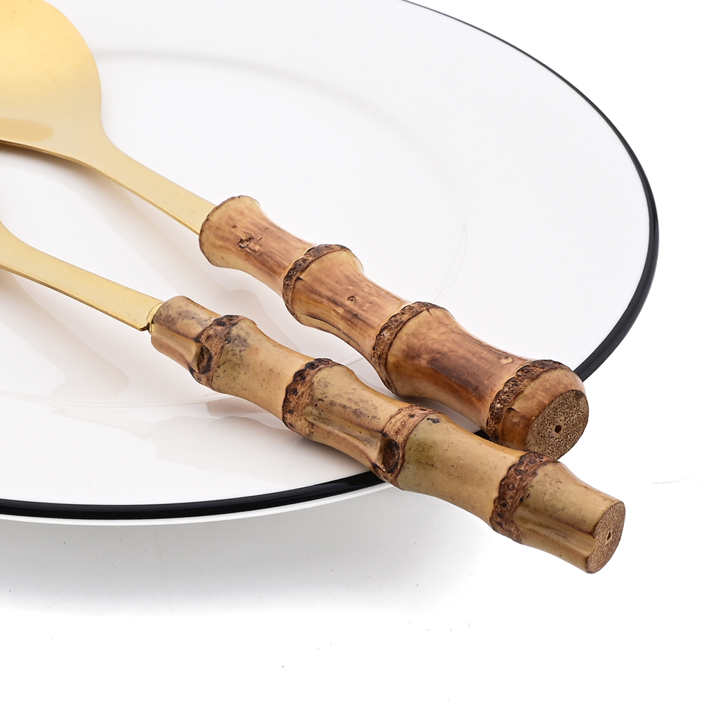 Juego de cubiertos de cocina con mango largo, cuchara para ensalada, tenedor, vajilla de acero inoxidable, mango de madera de bambú, 2/4 Uds.
