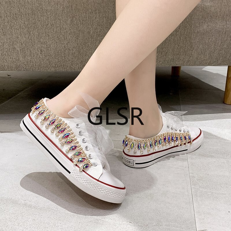 Baskets femmes perles cristal chaussures femmes toile chaussures loisirs à lacets baskets basses noir blanc basket Femme