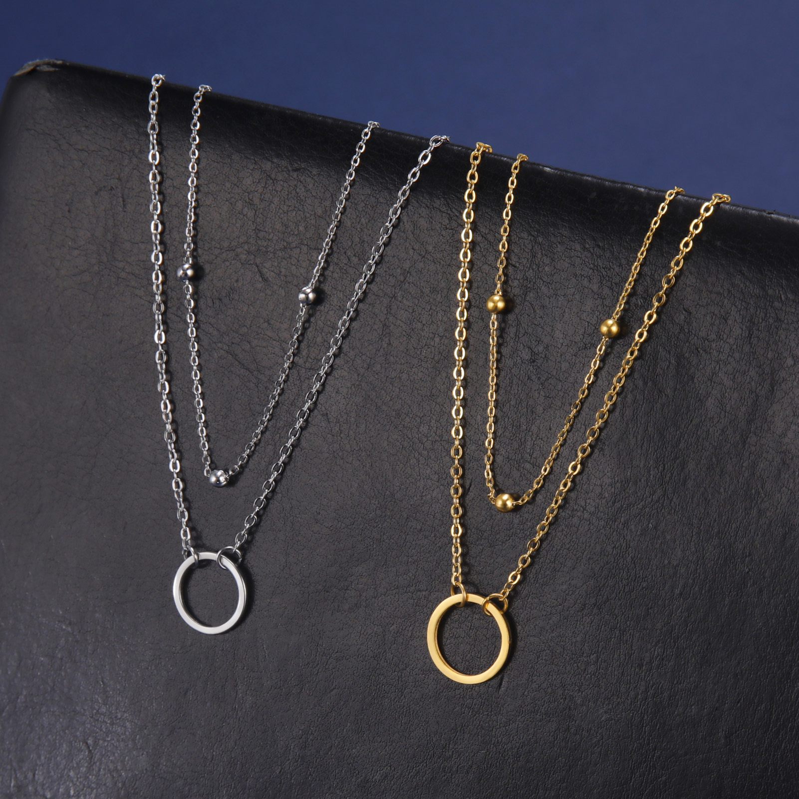 Teamer-Cadena de doble cuenta para mujer, collar con colgante de círculo hueco, Color dorado, collares simples populares de acero inoxidable, joyería