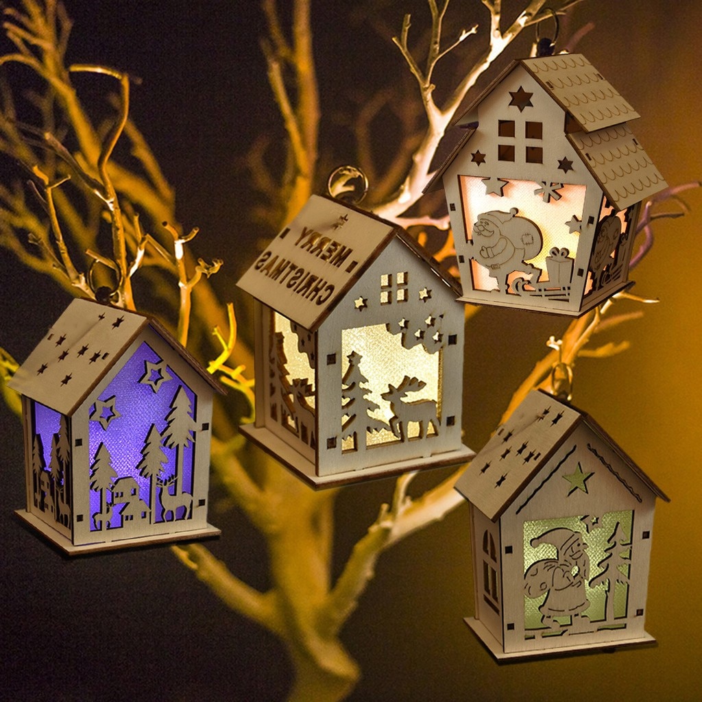 Christmas Luminous Cabin Christmas Wooden House Glittery LED Light Home Decoration Night Lamp Pendant Led Candles Prop Led