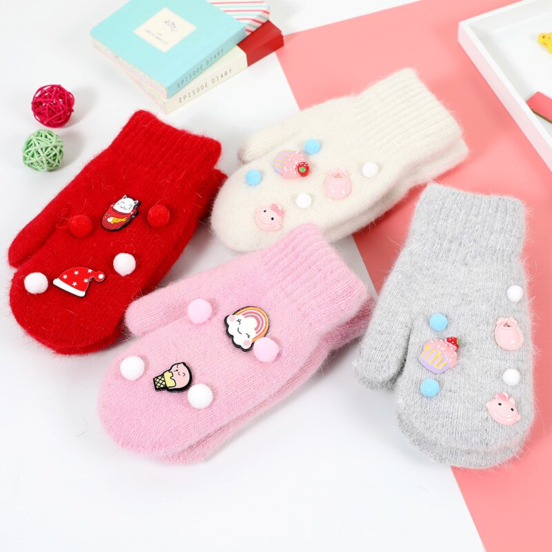 Bonito das crianças meninas meninos luvas de inverno mais quentes de lã crianças luvas de proteção de inverno forrado de pelúcia 1 pares 6-12years