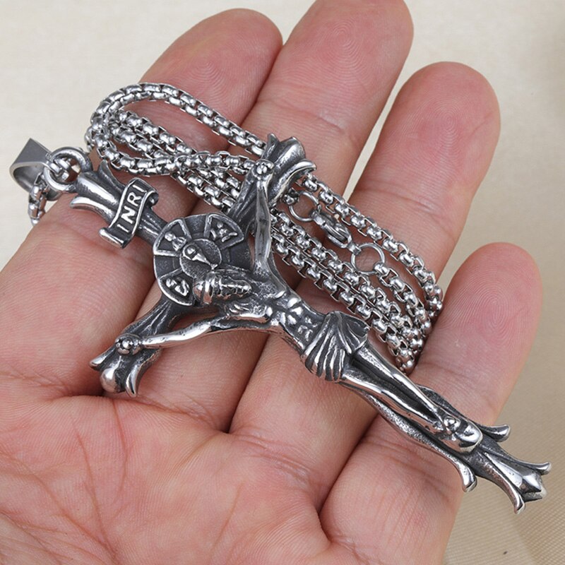 Jeesus ristiinnaulittu ruostumaton teräs ristikaulakoru vintage iso riipus kristillinen jeesus uskonto korut miehille rukous  ln3027